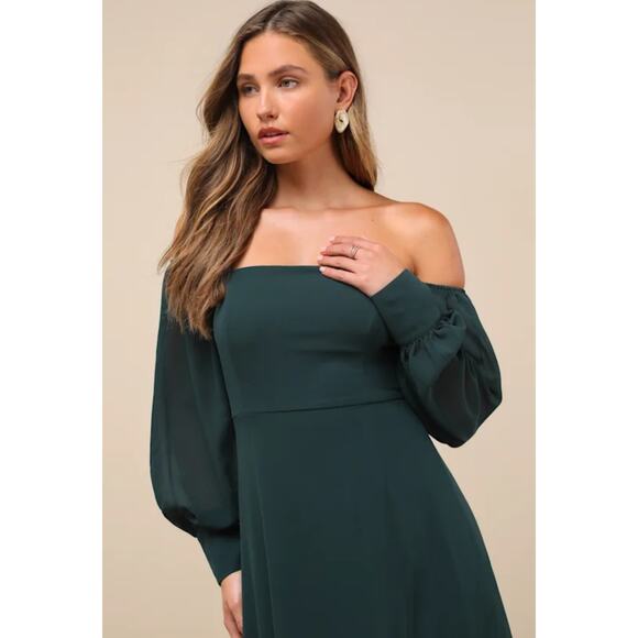 NEW Lulus Feel The Romance Emerald Green Off The Shoulder Maxi Dress - Picture 2 of 15